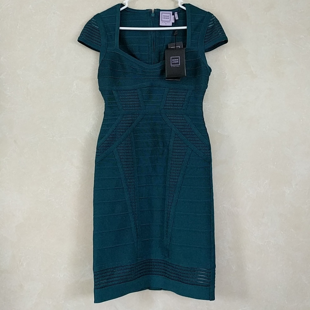 Herve Leger Bandage Bodycon Elena Dress Teal - Picture 4 of 6